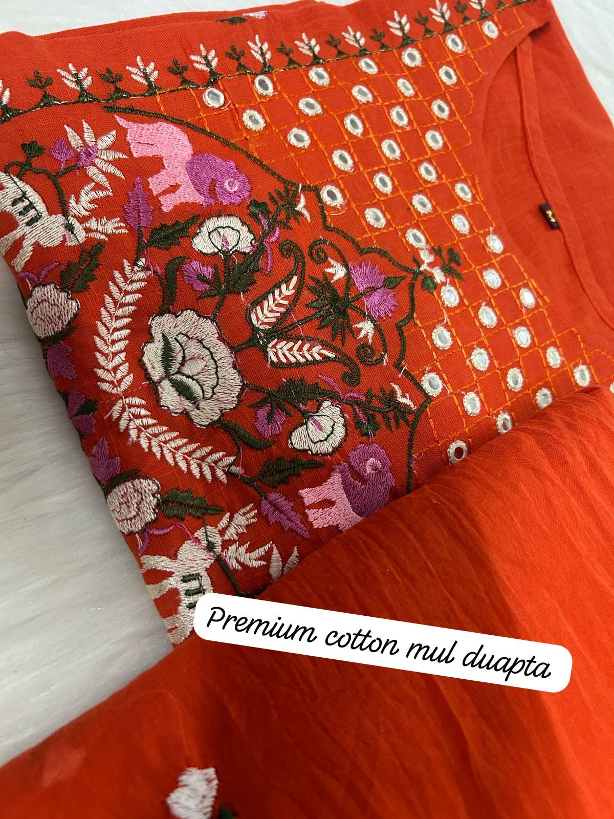 Orange Cotton Chikankari Embroidered Kurti Set